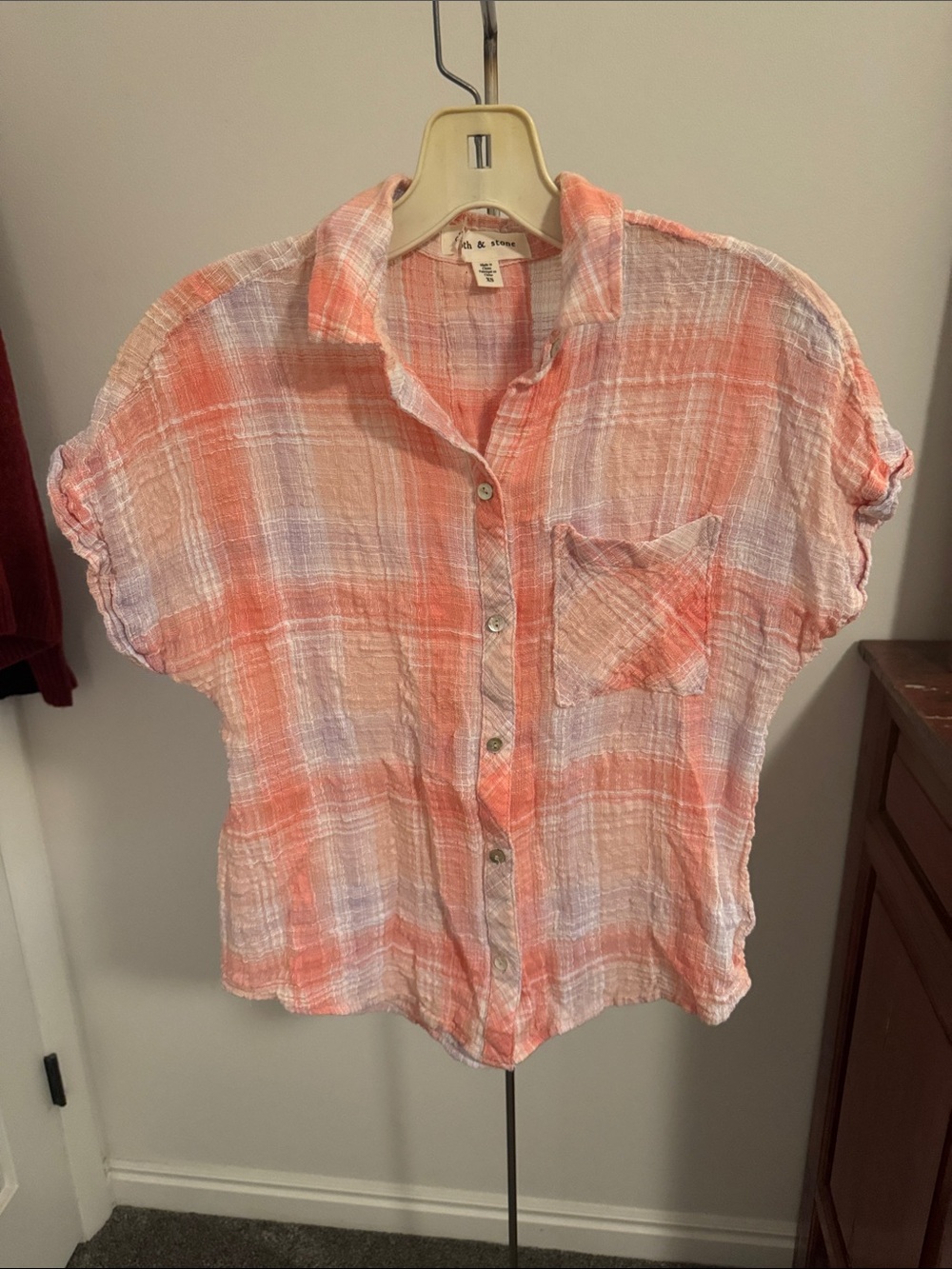 cloth & stone Coral and Cream Plaid Gauze Button-Up